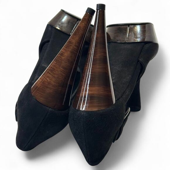 Stuart Weitzman Black Suede Platform Heels Pumps Size 6 Buckle Strap Glam NWOT - Picture 9 of 13